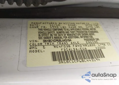 2011 Nissan Versa 1.8S из США, поврежденный, VIN 3N1BC1CP6BL443194